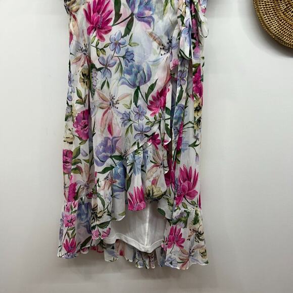 Calvin Klein White Pink Ruffle Faux Wrap Side Tie Floral Above Knee Mini Dress 8 - Picture 5 of 8